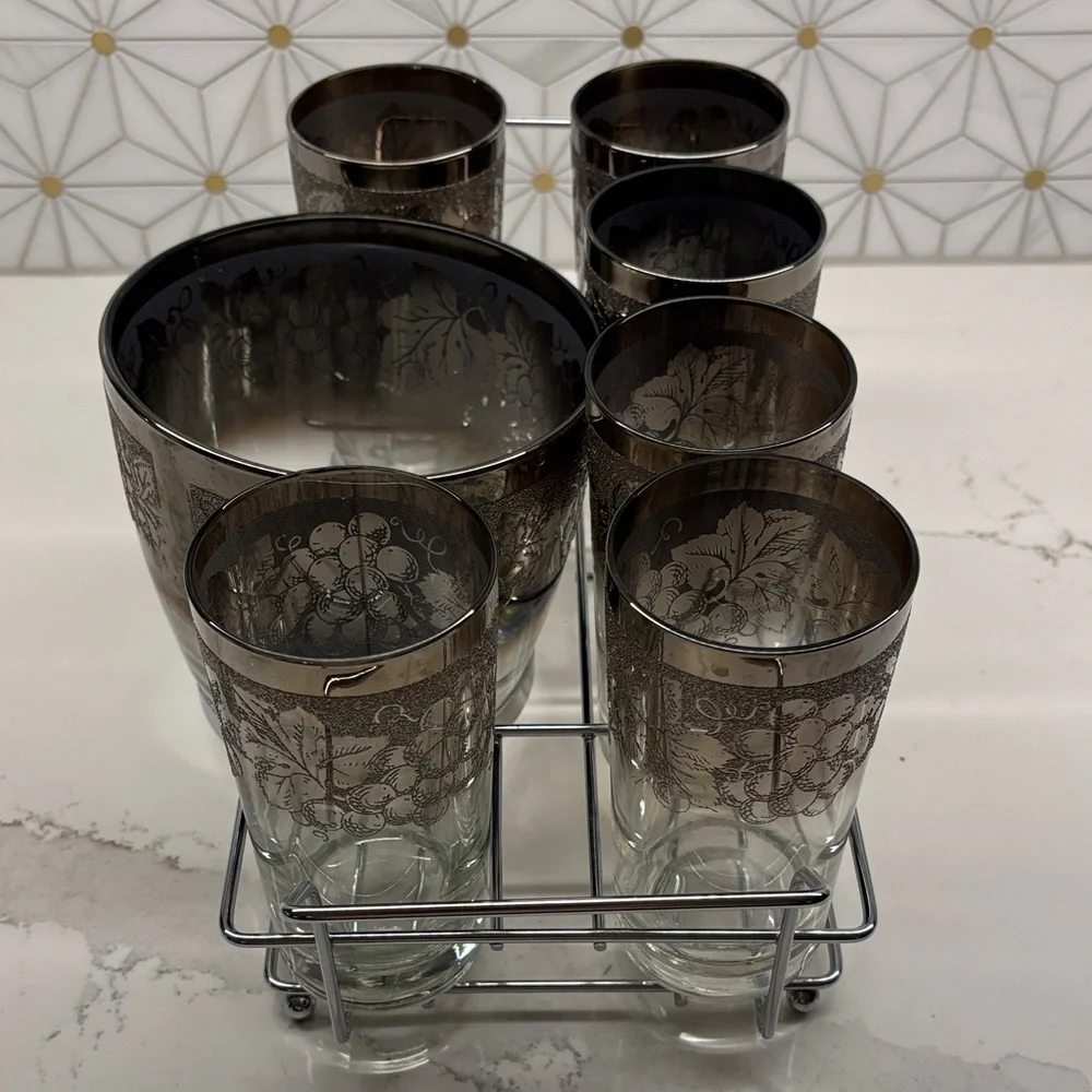 MCM Dorothy Thorpe Grape Pattern Silver Fade Ice Bucket & Six 12 Oz. Tumblers